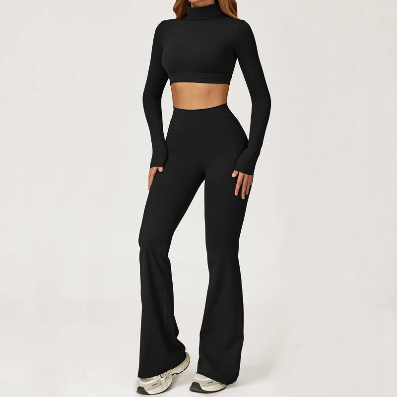 Yes, Hunny | Long Sleeve Backless Turtle Neck + High Waisted Flare Leggings Matching Set