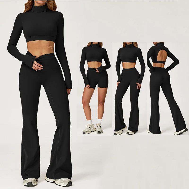 Yes, Hunny | Long Sleeve Backless Turtle Neck + High Waisted Flare Leggings Matching Set
