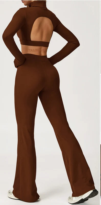 Xooie Fit long sleeve backless top and flare pants set in brown for a trendy and stylish look