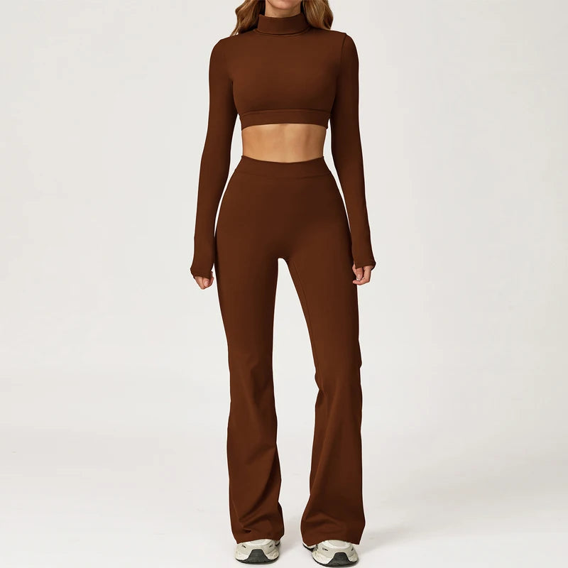 Xooie Fit long sleeve backless top and flare pants set in brown, perfect for stylish casual wear
