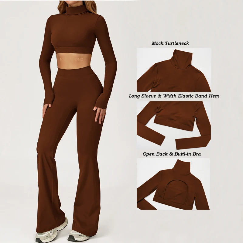Xooie Fit long sleeve backless top and flare pants set in brown with mock turtleneck and built-in bra