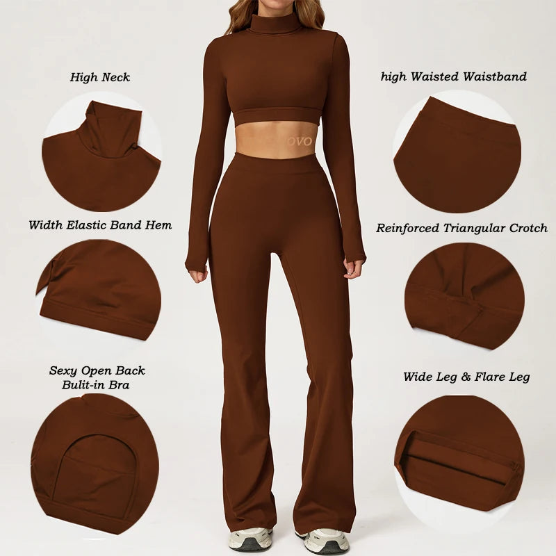 Xooie Fit long sleeve backless top and flare pants set in brown with high neck and wide leg design