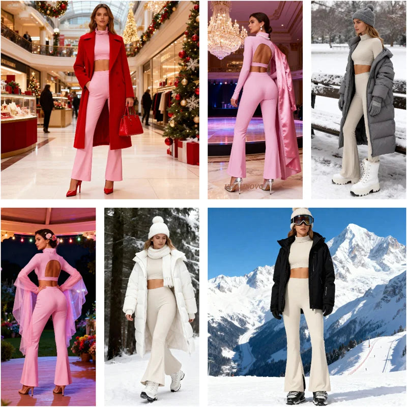 Stylish two-piece set featuring a long sleeve backless top and flare pants set in various colors