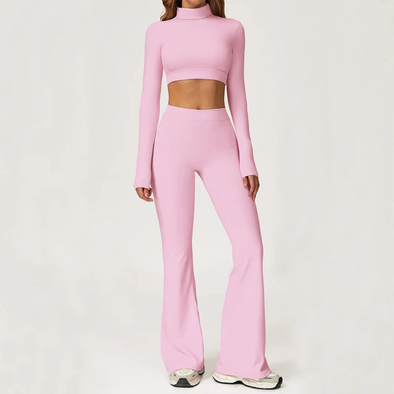 Yes, Hunny | Long Sleeve Backless Turtle Neck + High Waisted Flare Leggings Matching Set
