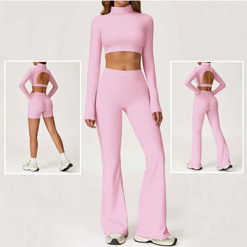 Yes, Hunny | Long Sleeve Backless Turtle Neck + High Waisted Flare Leggings Matching Set