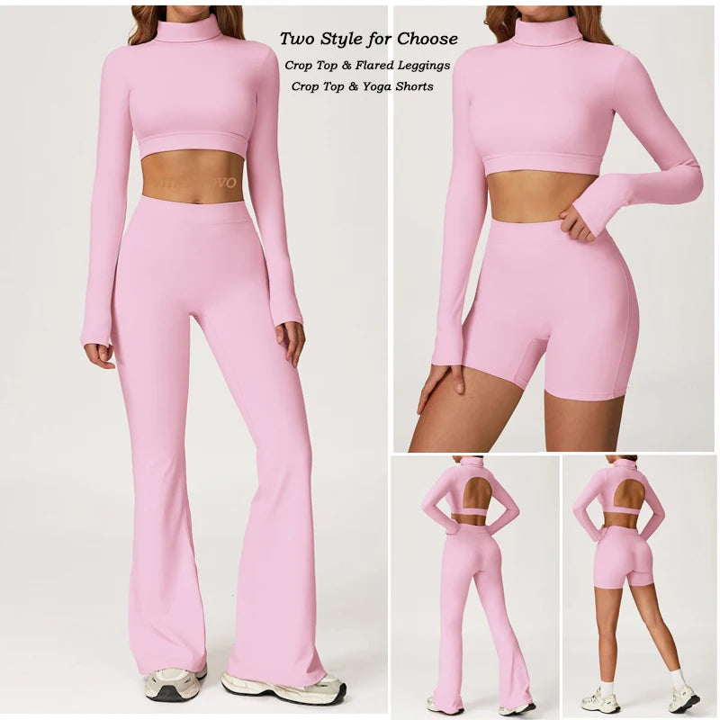 Xooie Fit long sleeve backless top and flare pants set in pink for stylish, comfortable outfits