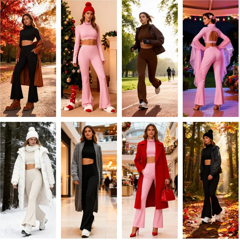 Xooie Fit long sleeve backless top and flare pants set in various styles and colors for trendy outfits