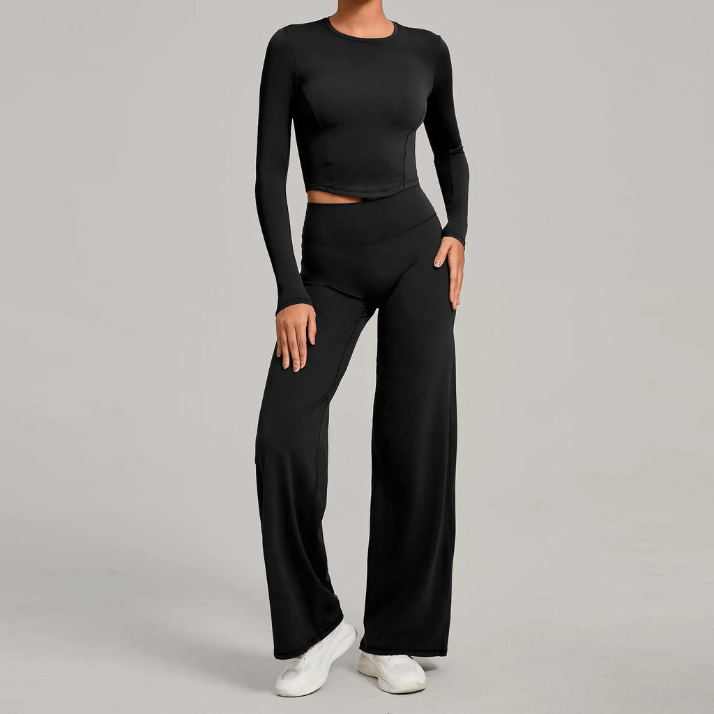 Xooie Fit long sleeve crop top and flared pants outfit in black for a stylish and comfortable look