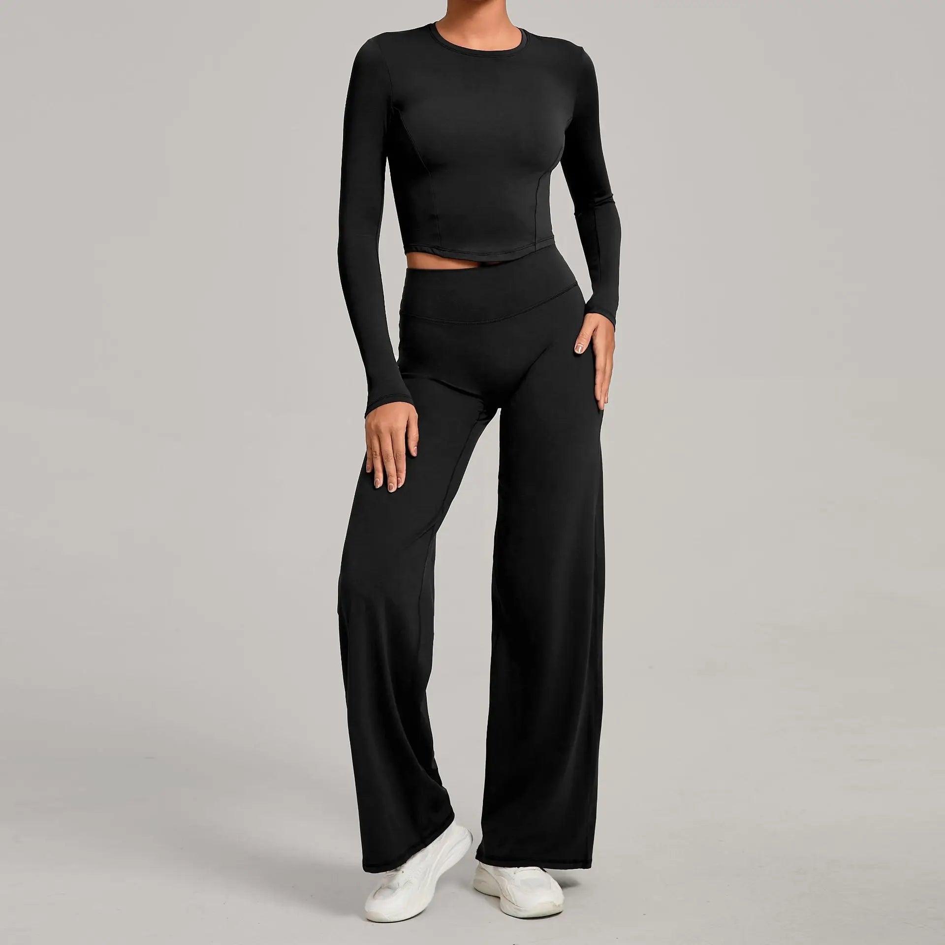 Xooie Fit long sleeve crop top and flared pants outfit in black for a stylish and comfortable look