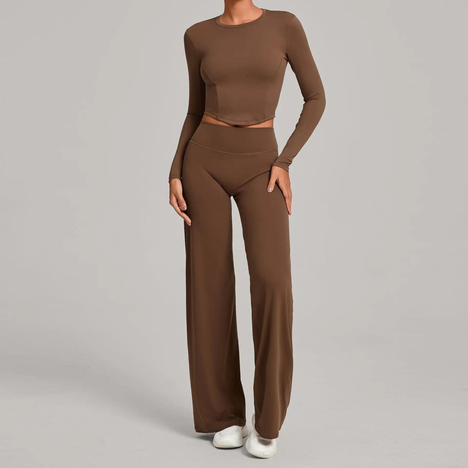 Xooie Fit long sleeve crop top and flared pants outfit in brown for a stylish and comfortable look