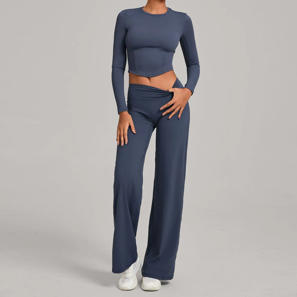 Xooie Fit long sleeve crop top and flared pants outfit in dark color, perfect for casual wear