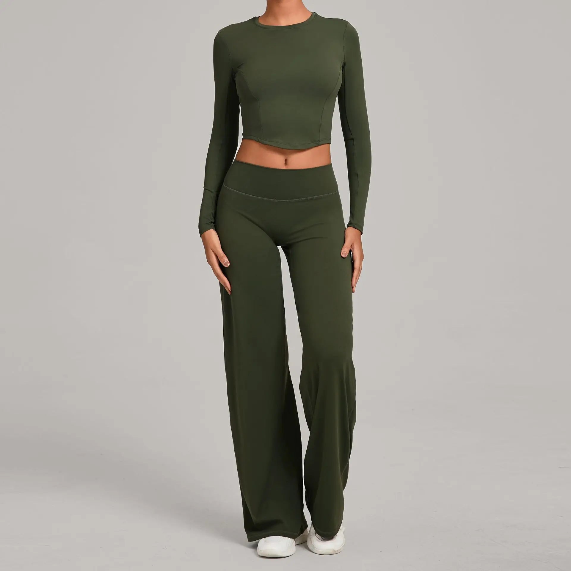 Xooie Fit long sleeve crop top and flared pants outfit in olive green for a trendy casual look