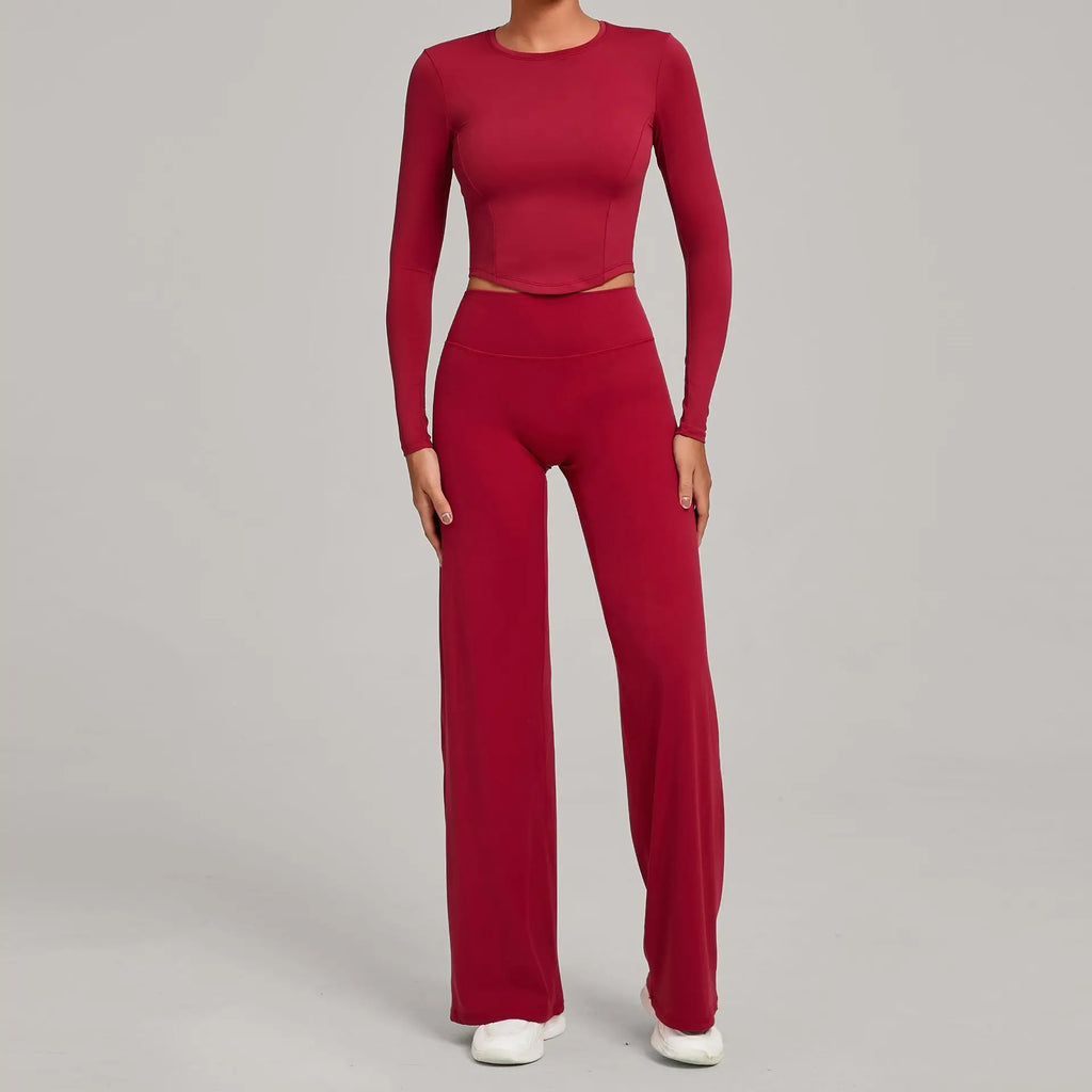 Xooie Fit long sleeve crop top and flared pants outfit in burgundy for a trendy casual look