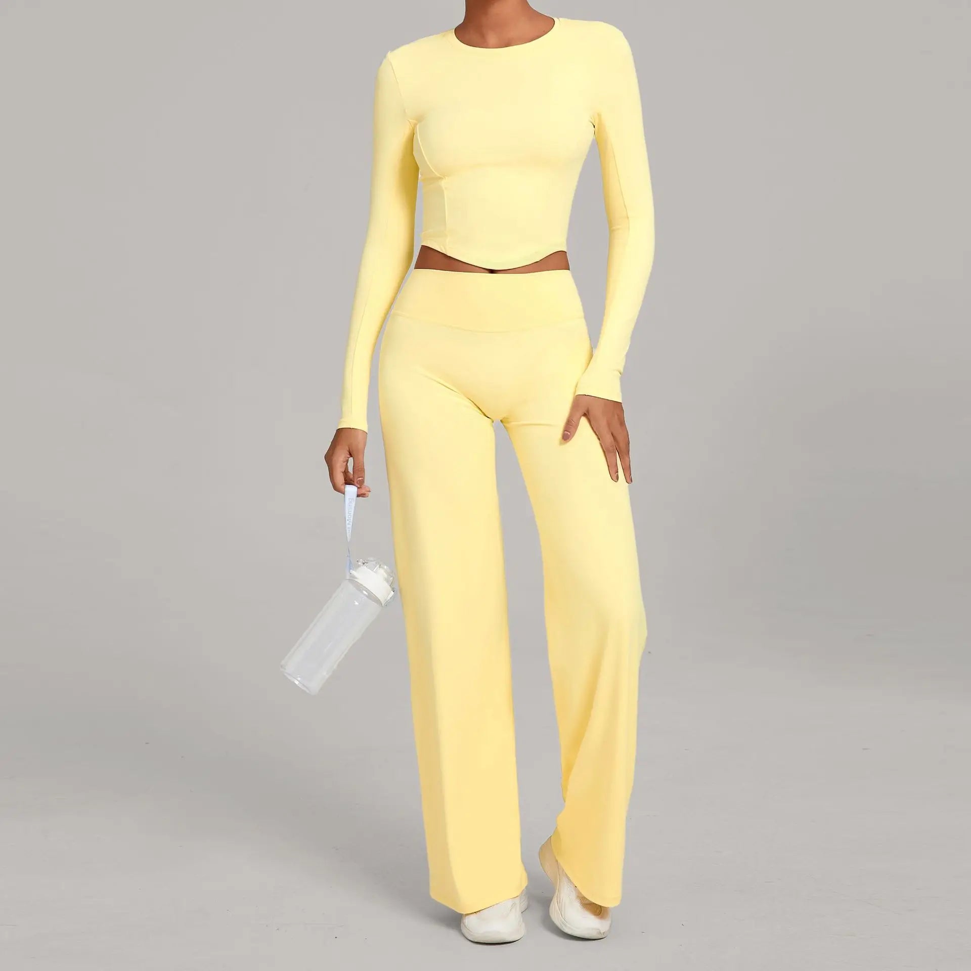 Xooie Fit Long Sleeve Crop Top and Flared Pants Outfit in Yellow for a Stylish Look