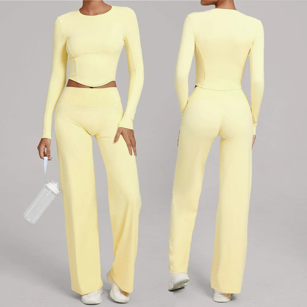 Xooie Fit long sleeve crop top and flared pants outfit in yellow for a stylish, comfortable look