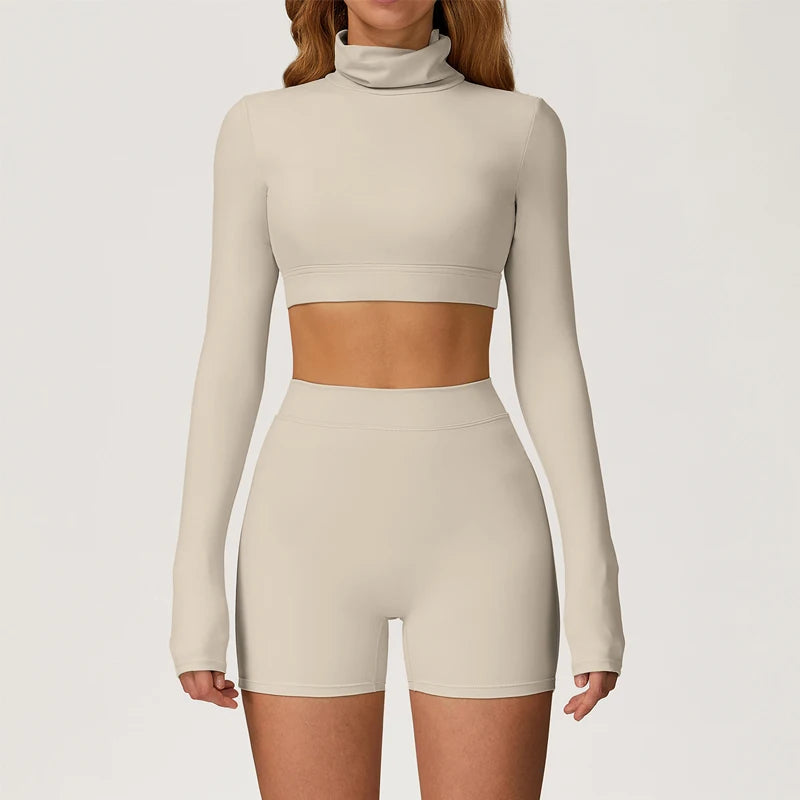 Xooie Fit long sleeve crop top and shorts set in beige with a fitted design for comfortable style