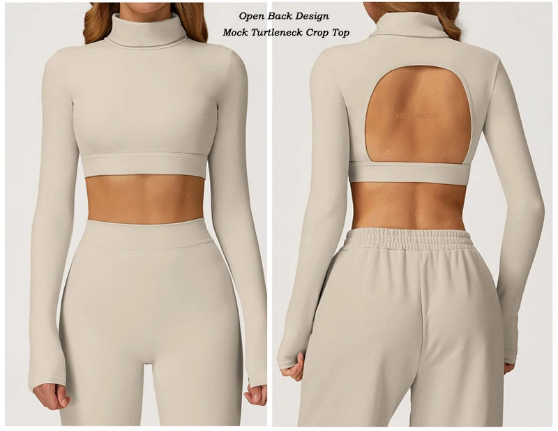 Xooie Fit long sleeve crop top and shorts set in beige with an open back design for a stylish look