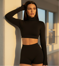 Black long sleeve mock turtleneck crop top with high-waist matching shorts set