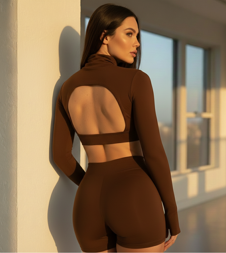Xooie Fit long sleeve crop top and shorts set in brown with open back design and stylish fit