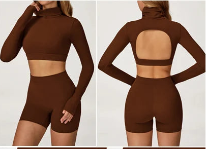 Xooie Fit long sleeve crop top and shorts set in brown with a stylish open back design