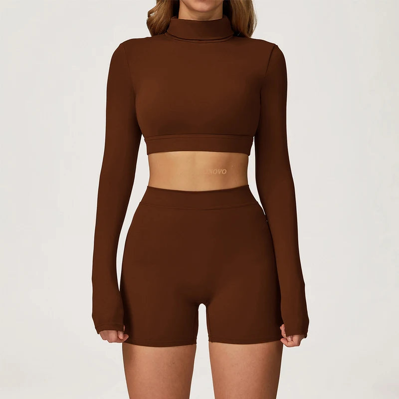 Trendy Xooie Fit long sleeve crop top and shorts set in brown for a stylish casual look