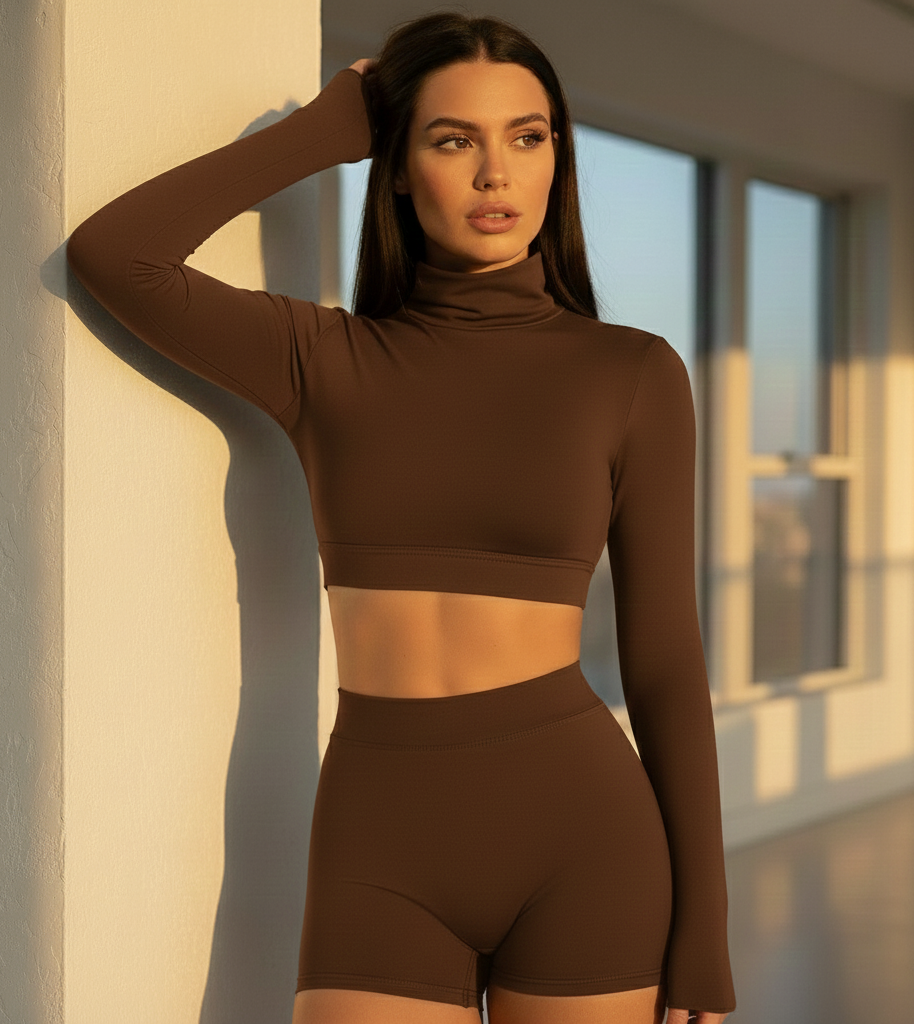 Xooie Fit long sleeve crop top and shorts set in brown, ideal for stylish workouts or casual outings