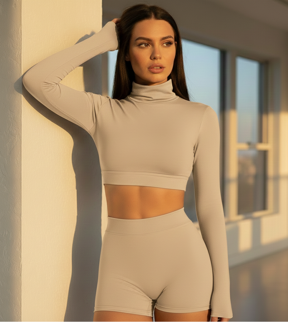 Xooie Fit long sleeve crop top and shorts set in light beige for a stylish athletic look