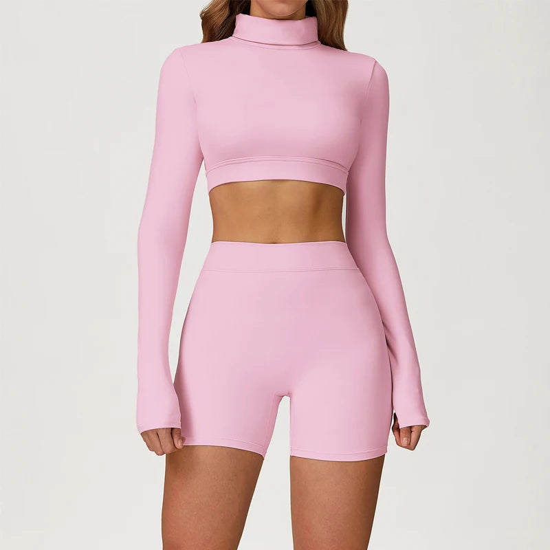 Xooie Fit long sleeve crop top and shorts set in pink for a stylish and comfortable look