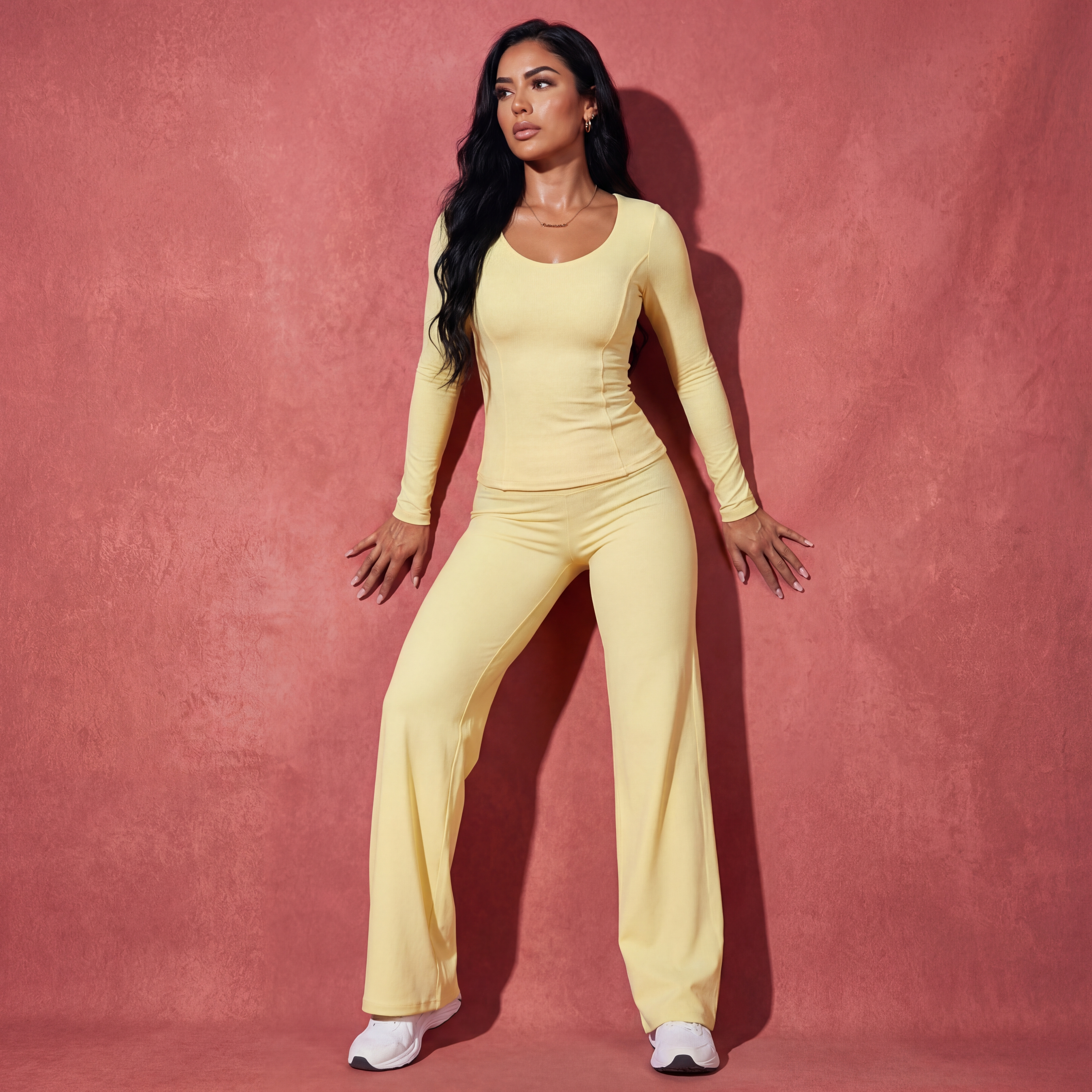 Xooie Fit long sleeve shirt flare pants set in yellow for stylish and comfortable outfits