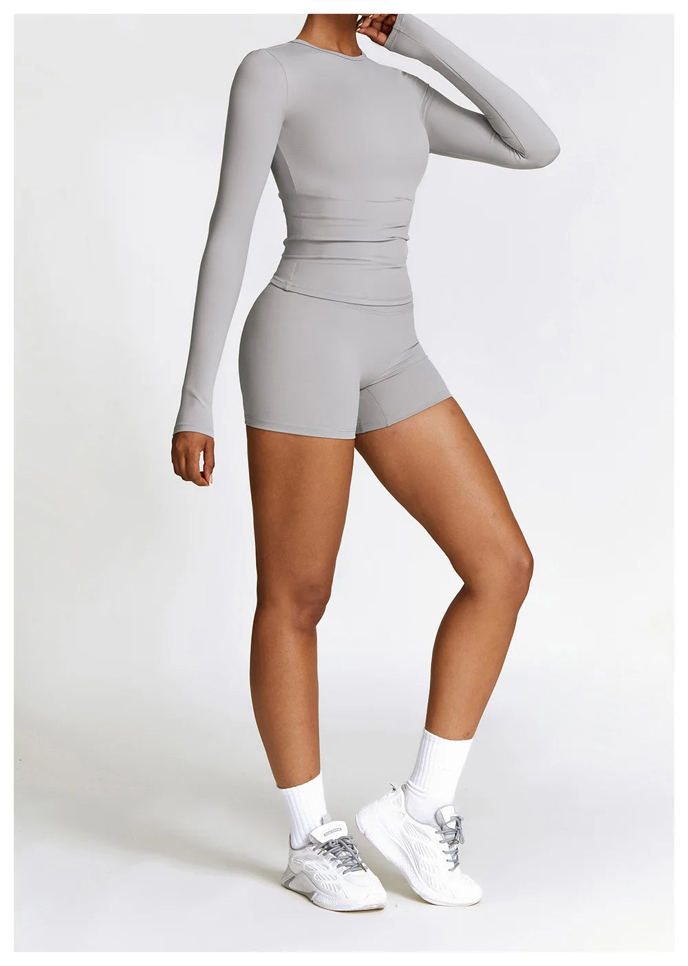 Xooie Fit Long Sleeve Workout Outfit in Light Gray with Cropped Top and Shorts for Active Wear