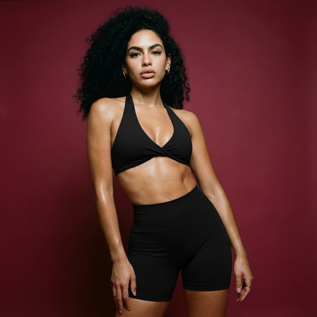 Xooie Fit two-piece set featuring a matching sports bra and shorts for gym in sleek black design