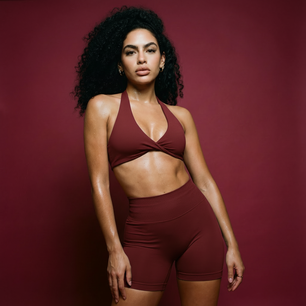 Xooie Fit two-piece set featuring a matching sports bra and shorts for gym in a rich burgundy color