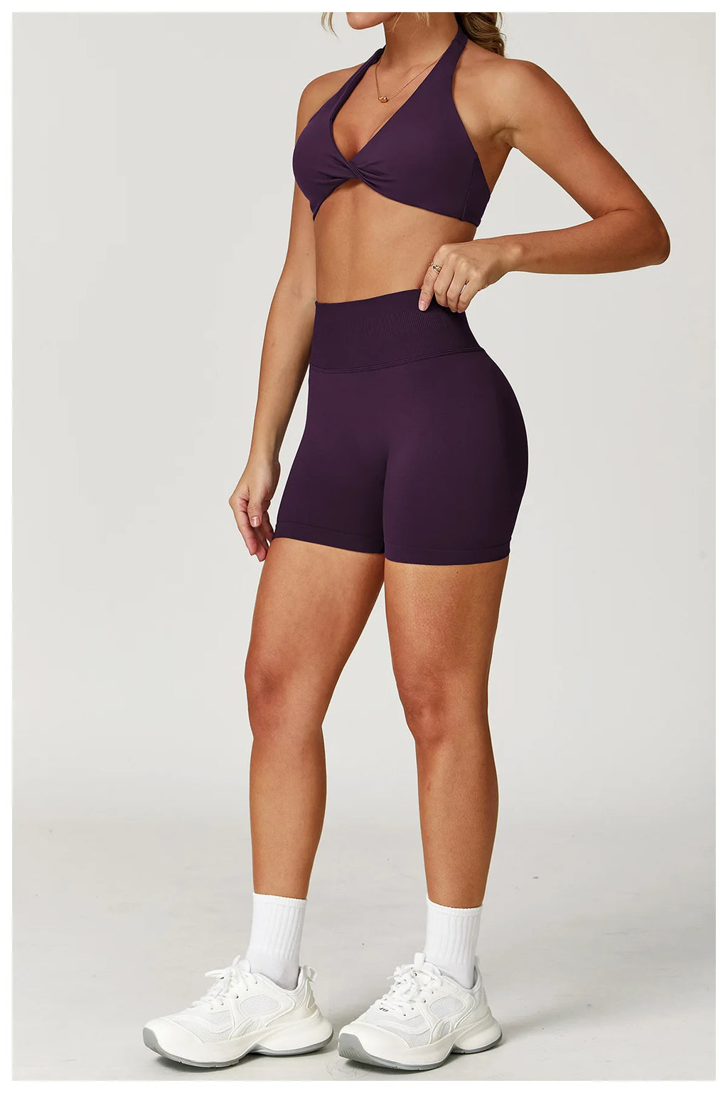 Xooie Fit matching sports bra and shorts for gym in deep purple with stylish design for activewear
