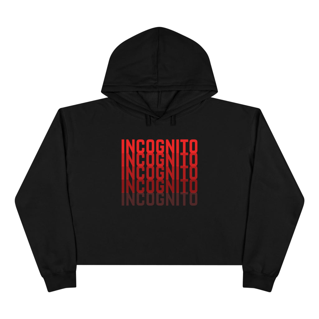 Black cropped hoodie with hood, drawstrings, and large back “INCognito” text print