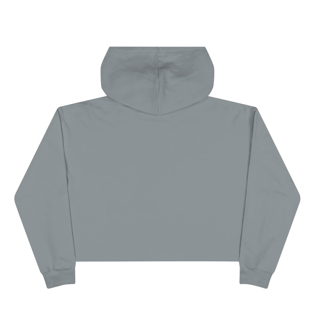 Minimalist crop active hoodie, mid grey back view with hood