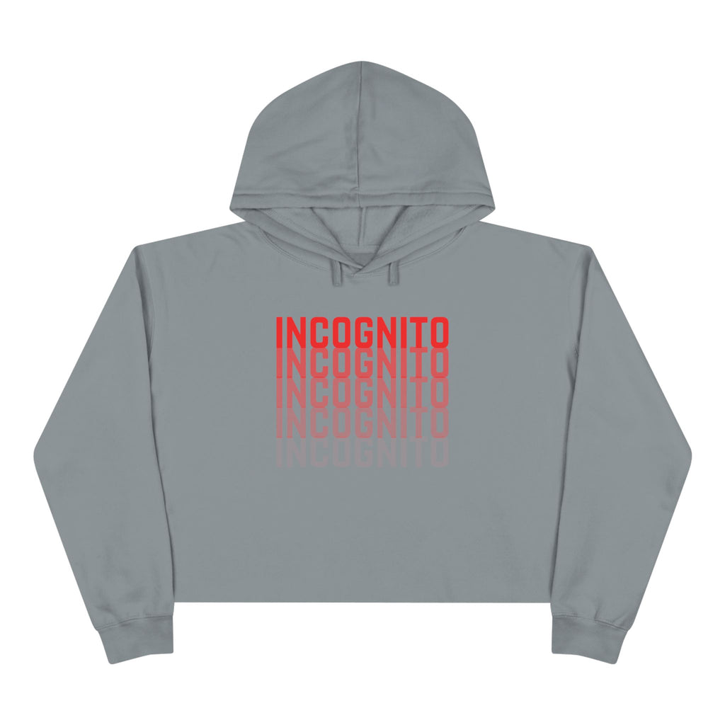 Minimalist crop active hoodie, mid grey with red stacked INCOGNITO logo