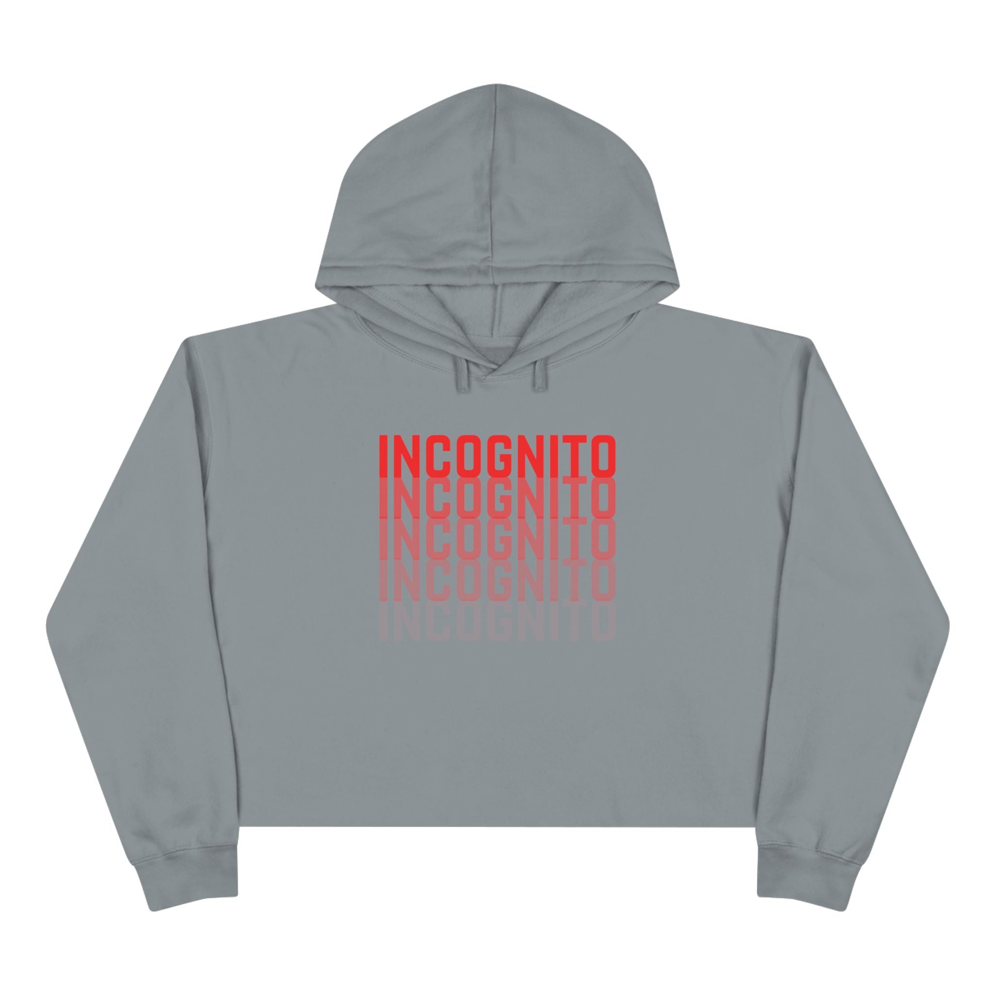 Minimalist crop active hoodie, mid grey with red stacked INCOGNITO logo