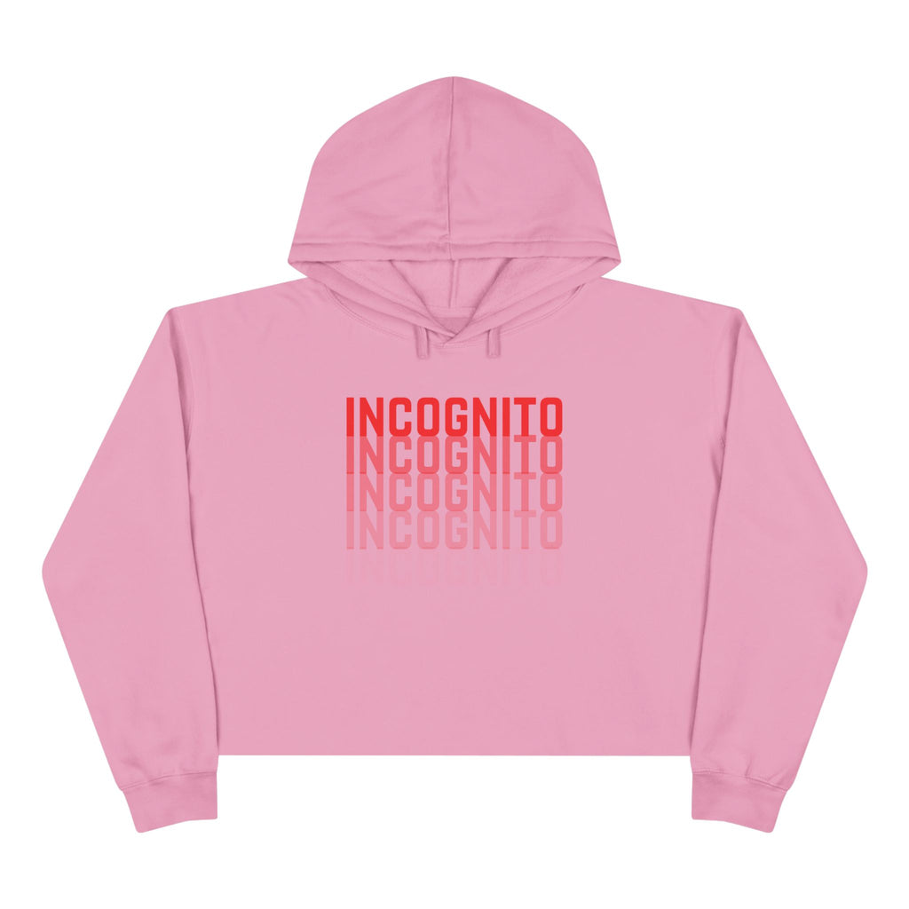 Minimalist crop active hoodie, pink with red stacked INCOGNITO logo