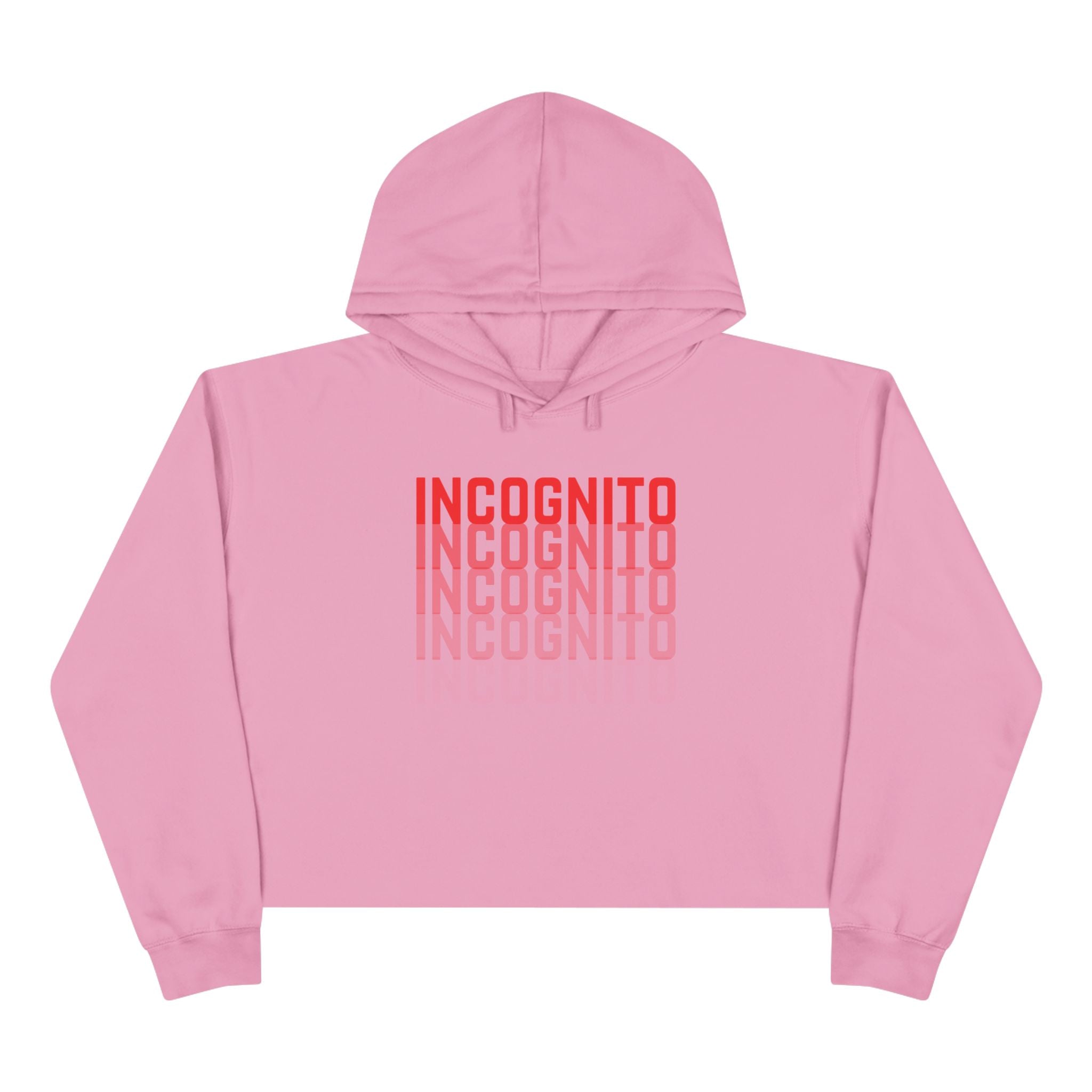 Minimalist crop active hoodie, pink with red stacked INCOGNITO logo