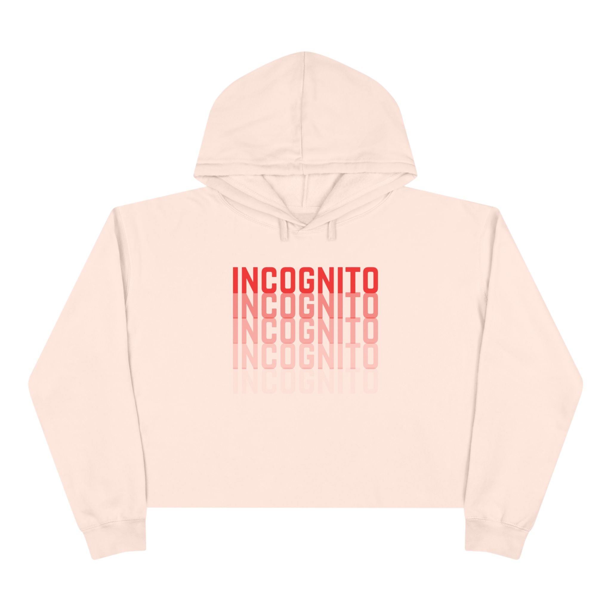 Light pink cropped hoodie with hood, drawstrings, and large back “INCognito” text print