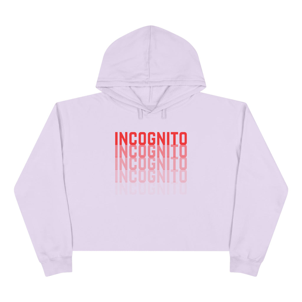Minimalist crop active hoodie, light pink with red stacked INCOGNITO logo