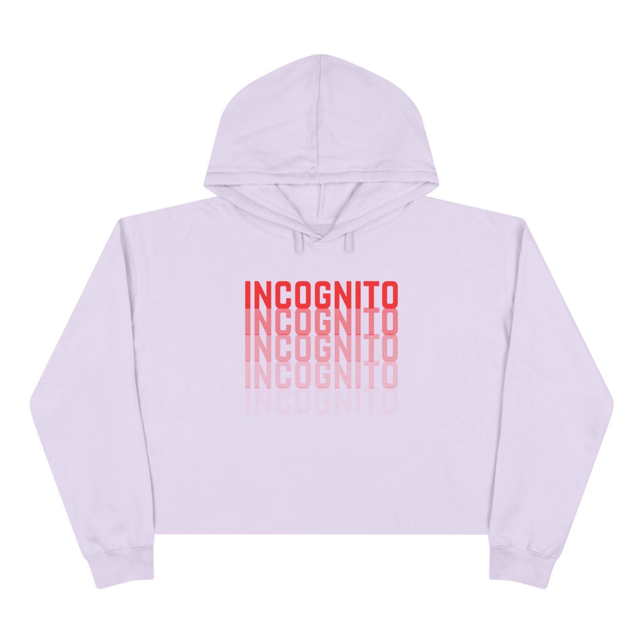Minimalist crop active hoodie, light pink with red stacked INCOGNITO logo