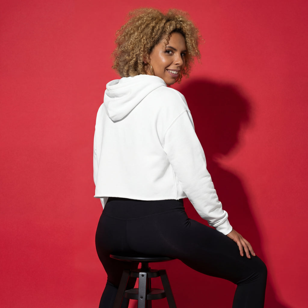 White cropped active hoodie, back view with hood and drawstrings, “INCognito” print