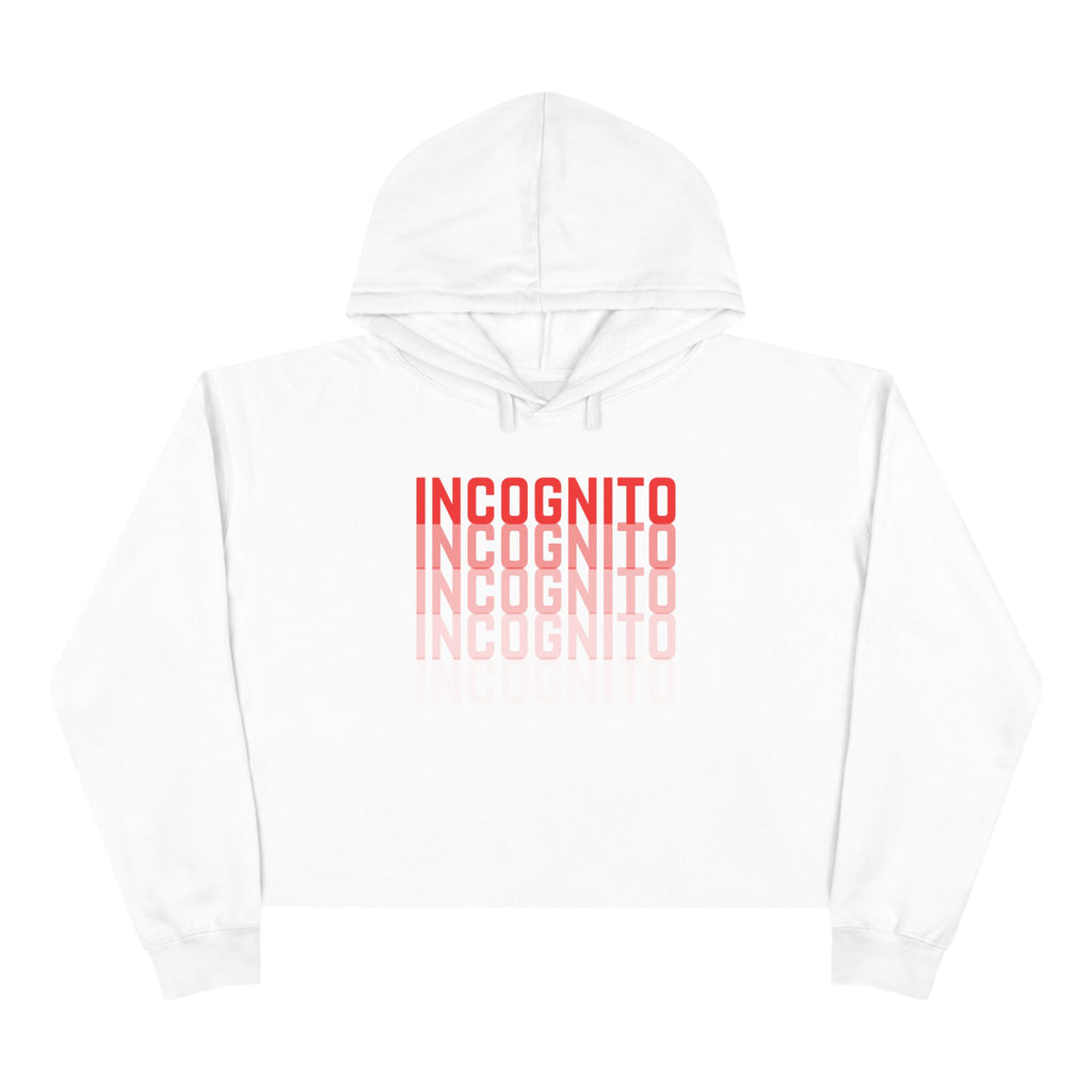 White cropped hoodie with hood, drawstrings, and large back “INCognito” text print