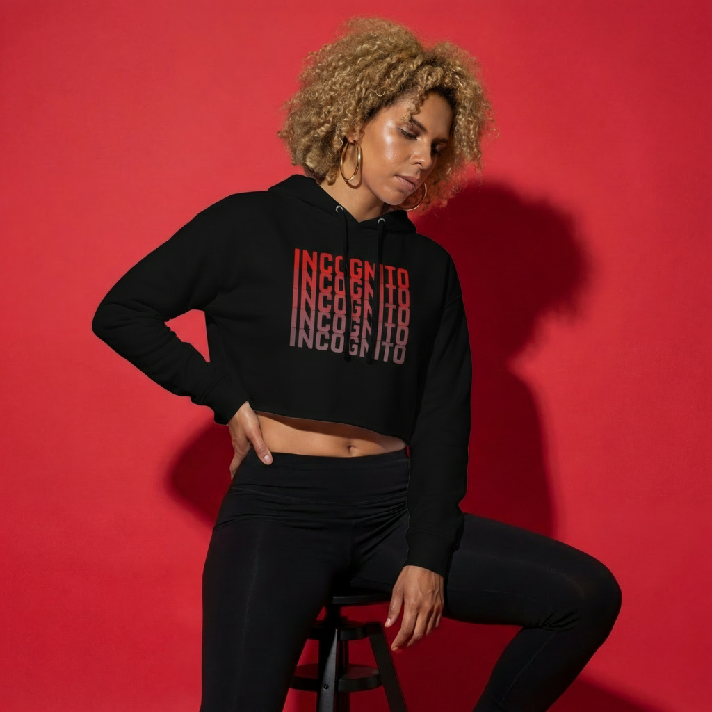 Black cropped active hoodie with hood and drawstrings, front “INCognito” graphic