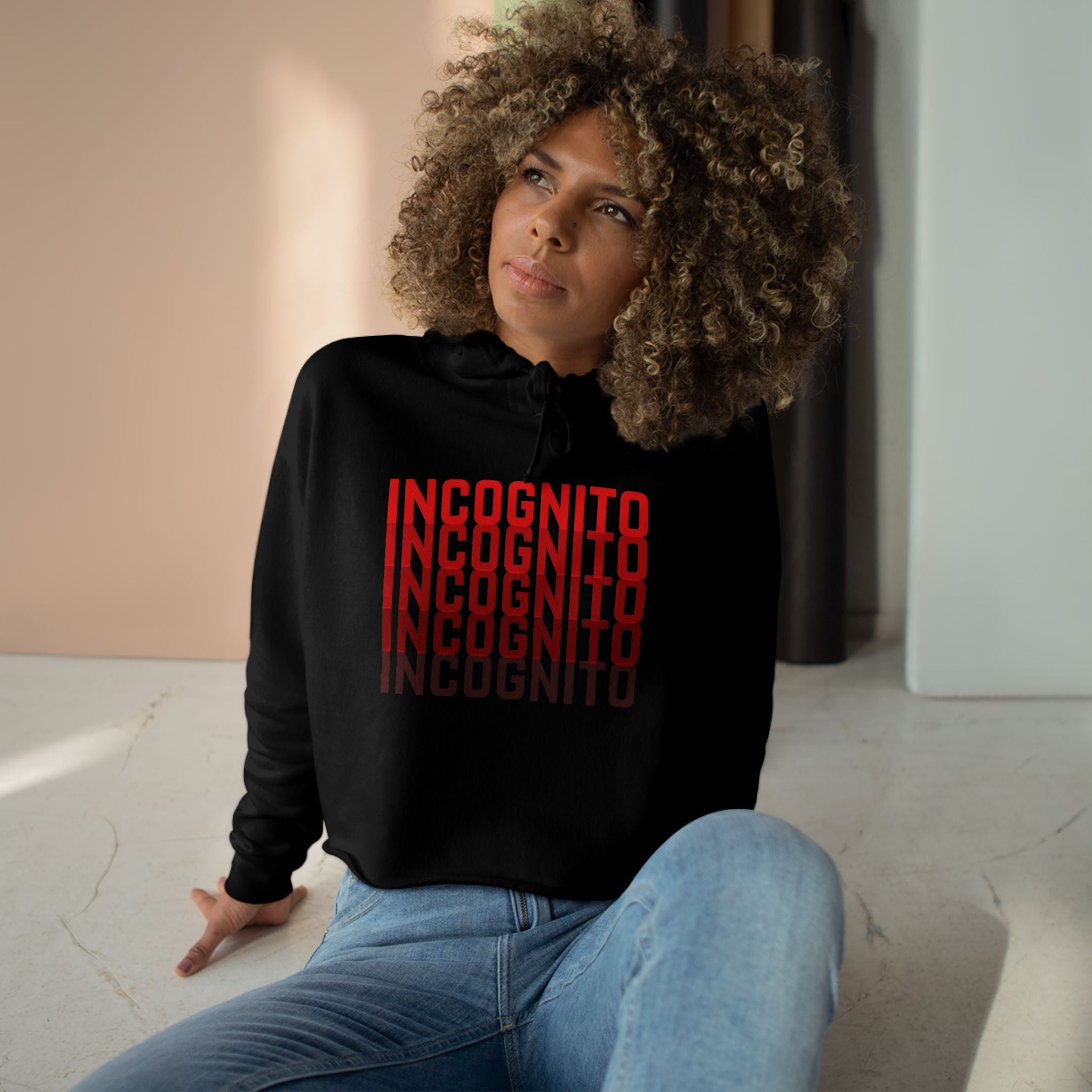 Black minimalist crop active hoodie with hood and red stacked INCOGNITO logo