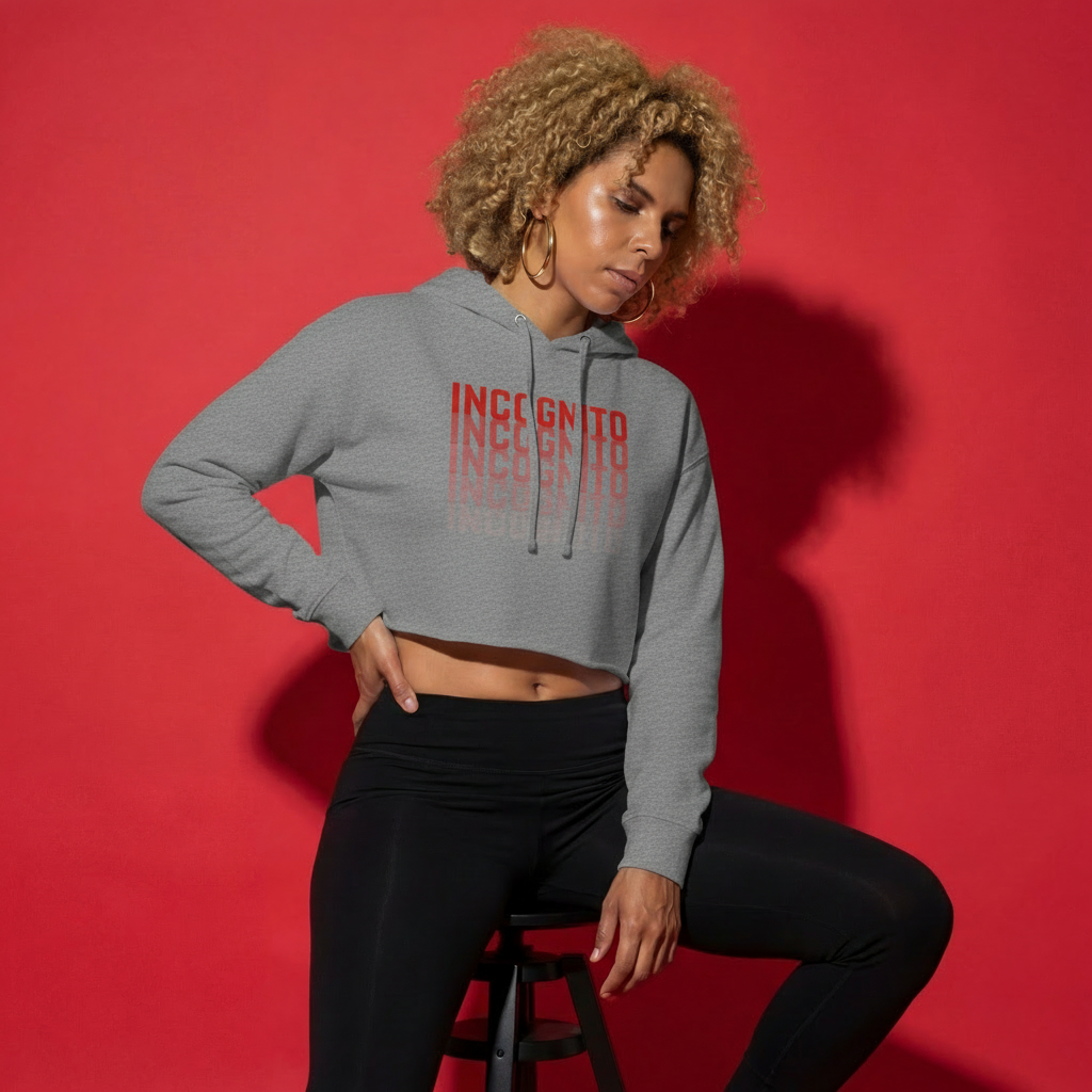 Mid grey cropped active hoodie with hood and drawstrings, front “INCognito” graphic