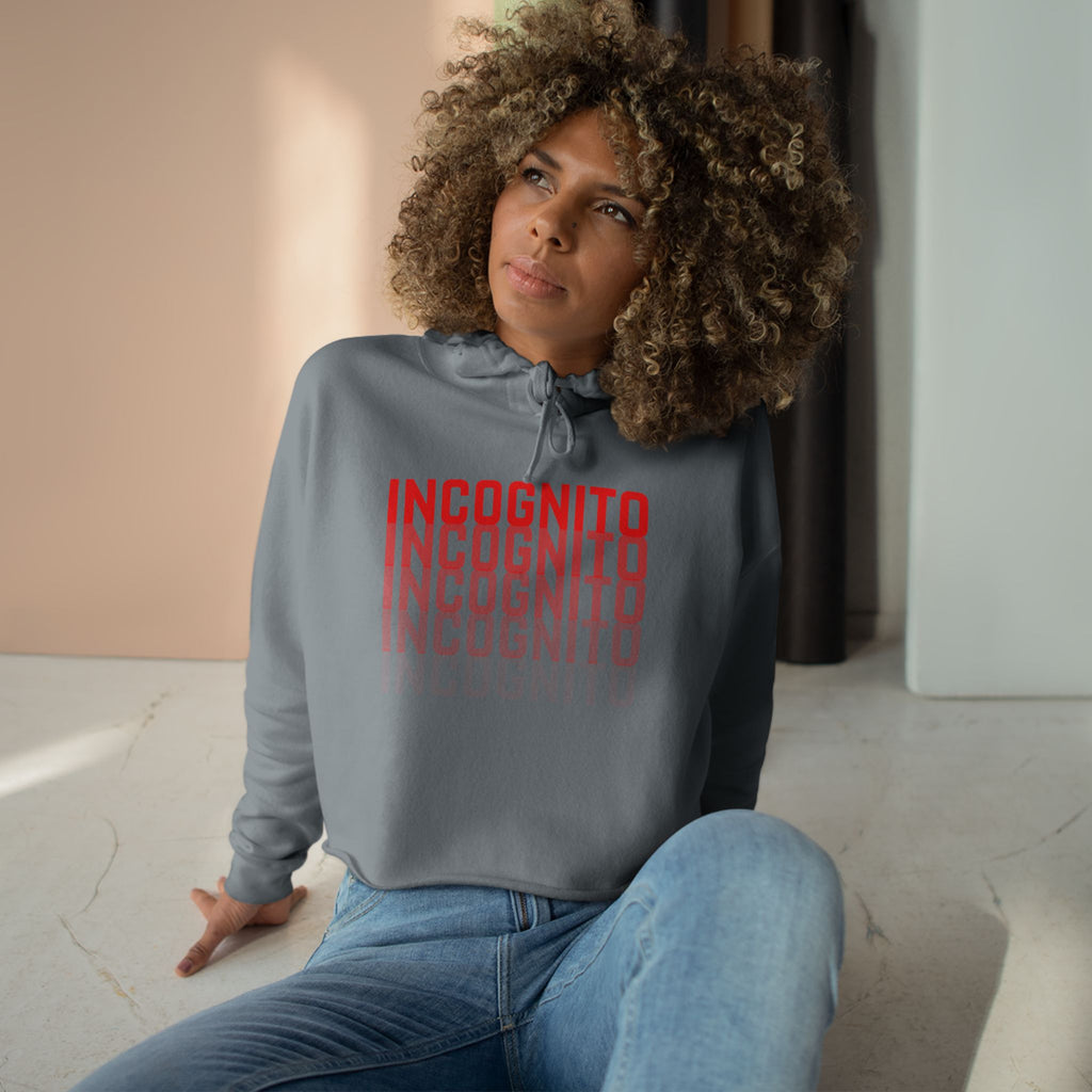 Mid grey minimalist crop active hoodie with INCOGNITO logo and drawstring hood