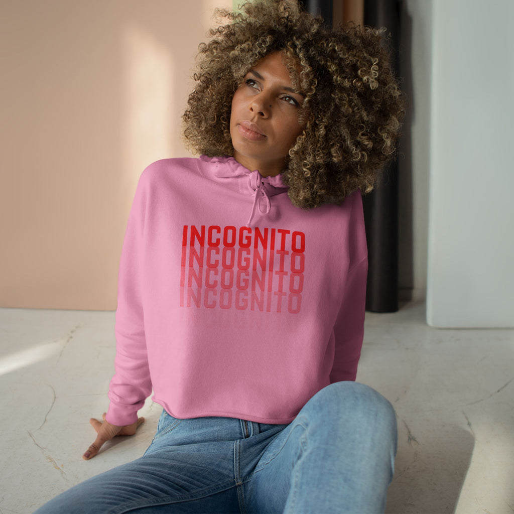 Pink crop active hoodie with INCOGNITO logo print and drawstring hood