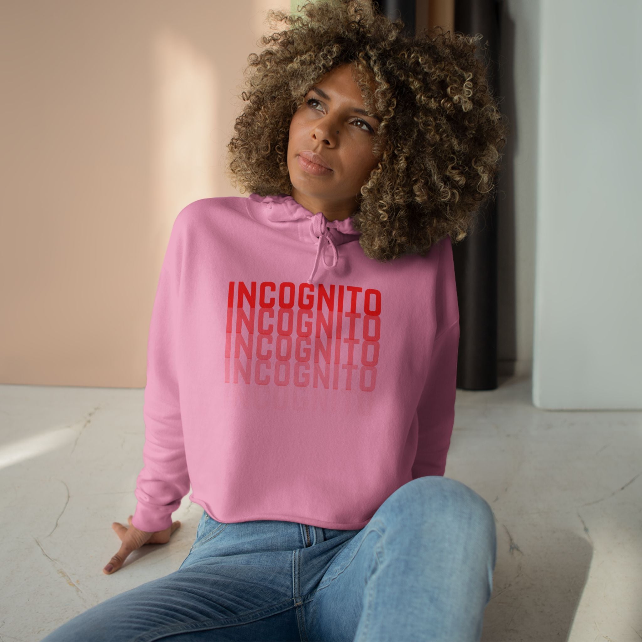 Pink crop active hoodie with INCOGNITO logo print and drawstring hood